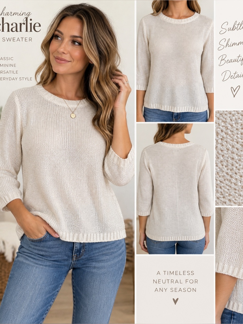Charming Charlie Ivory Metallic Shimmer Knit Sweater Womenās M 3/4 Sleeve